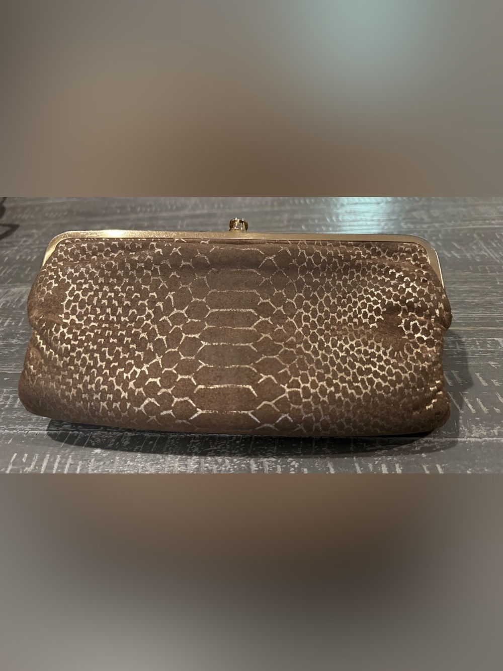 HOBO International Lauren Clutch Wallet Bronze Gold Snakeskin Embossed Leather